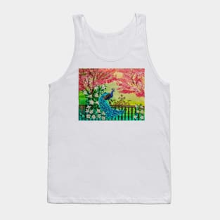 The majestic beauty of a peacock takes center stage as it sits gracefully upon a weathered metal fence Tank Top